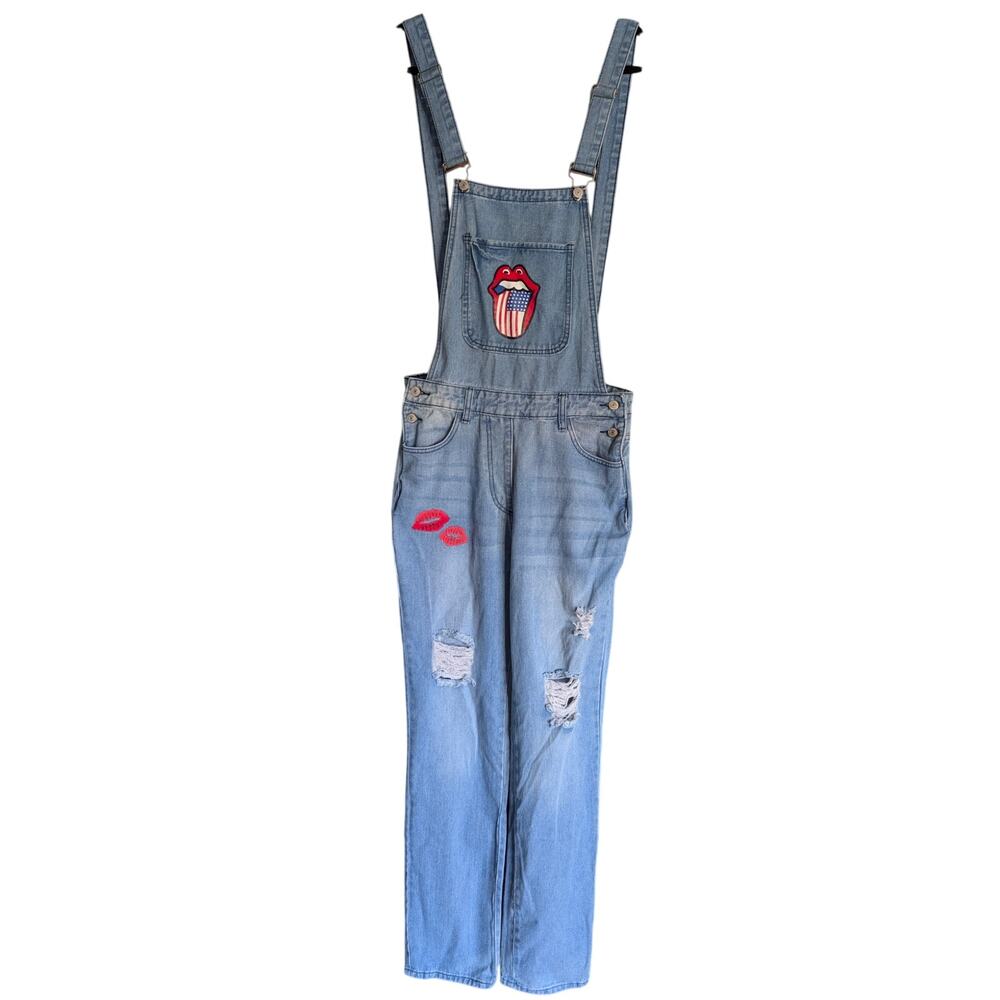 MISSLOOK Distressed Denim Overalls Rolling Stones Lips Patch Bib Jumpsuit Size L
